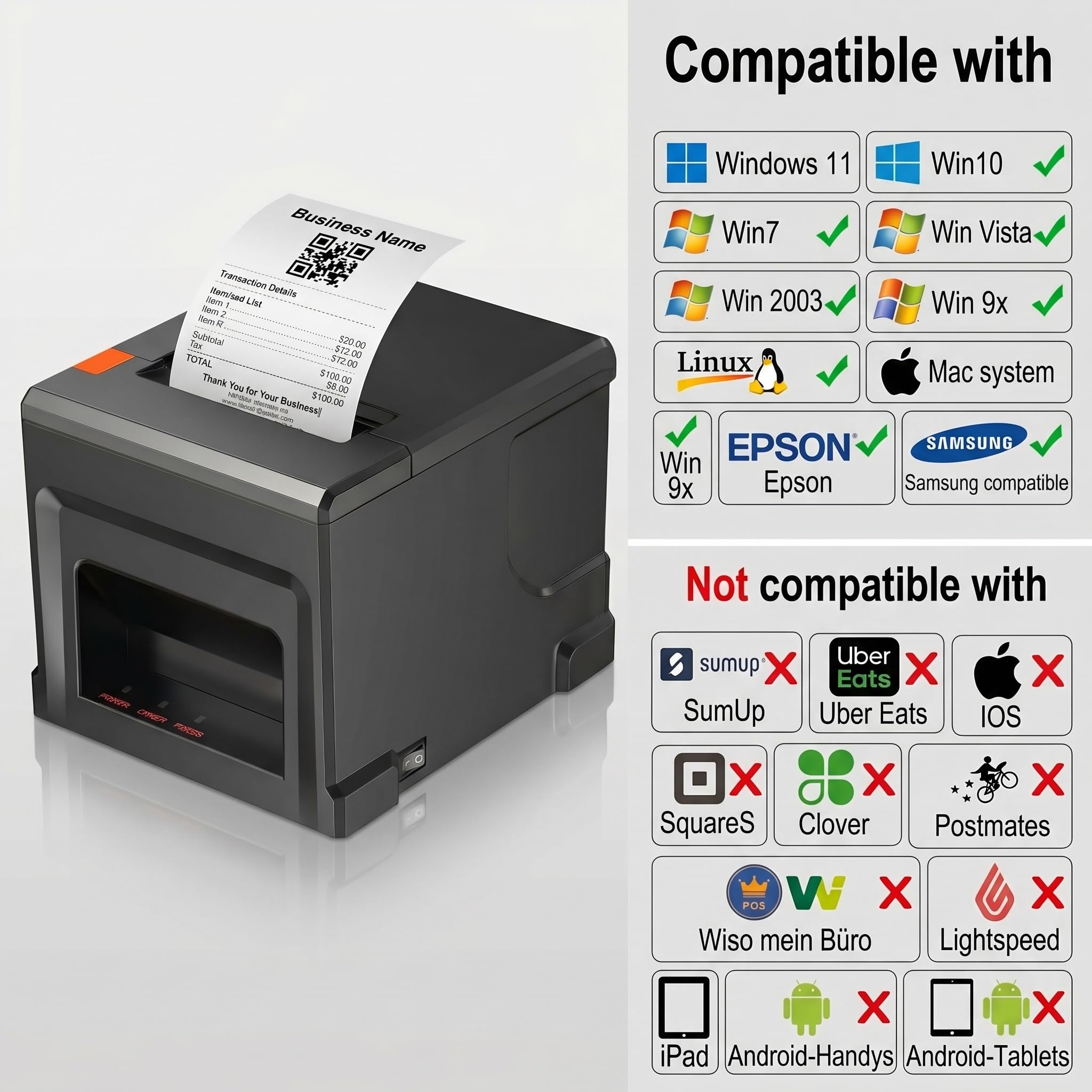 Stampante Termica per Scontrini POS 80mm con USB ed Ethernet, 300mm/s, Taglio Automatico e Interfaccia Cassetto Portasoldi, Compatibile Windows/Mac/Linux, per Ristorante, Negozi, Hotel