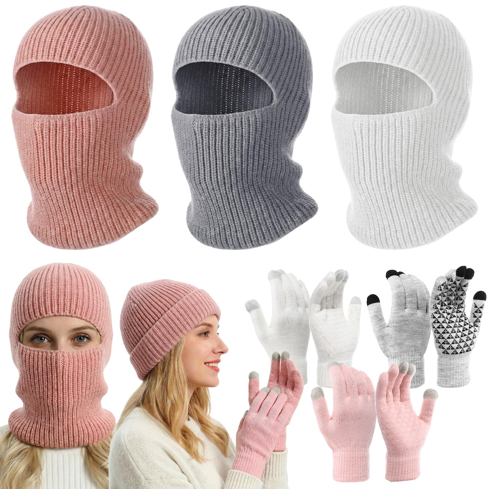 Chicingyou 6 Pcs Winter 2 in 1 Knit Balaclava Hat Touch Screen Gloves Set Ski Mask Beanie Warm