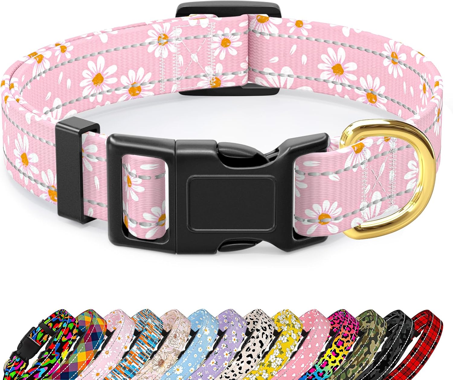 Reflective Dog Collar, Adjustable Puppy Collar, Pink Daisy, XS