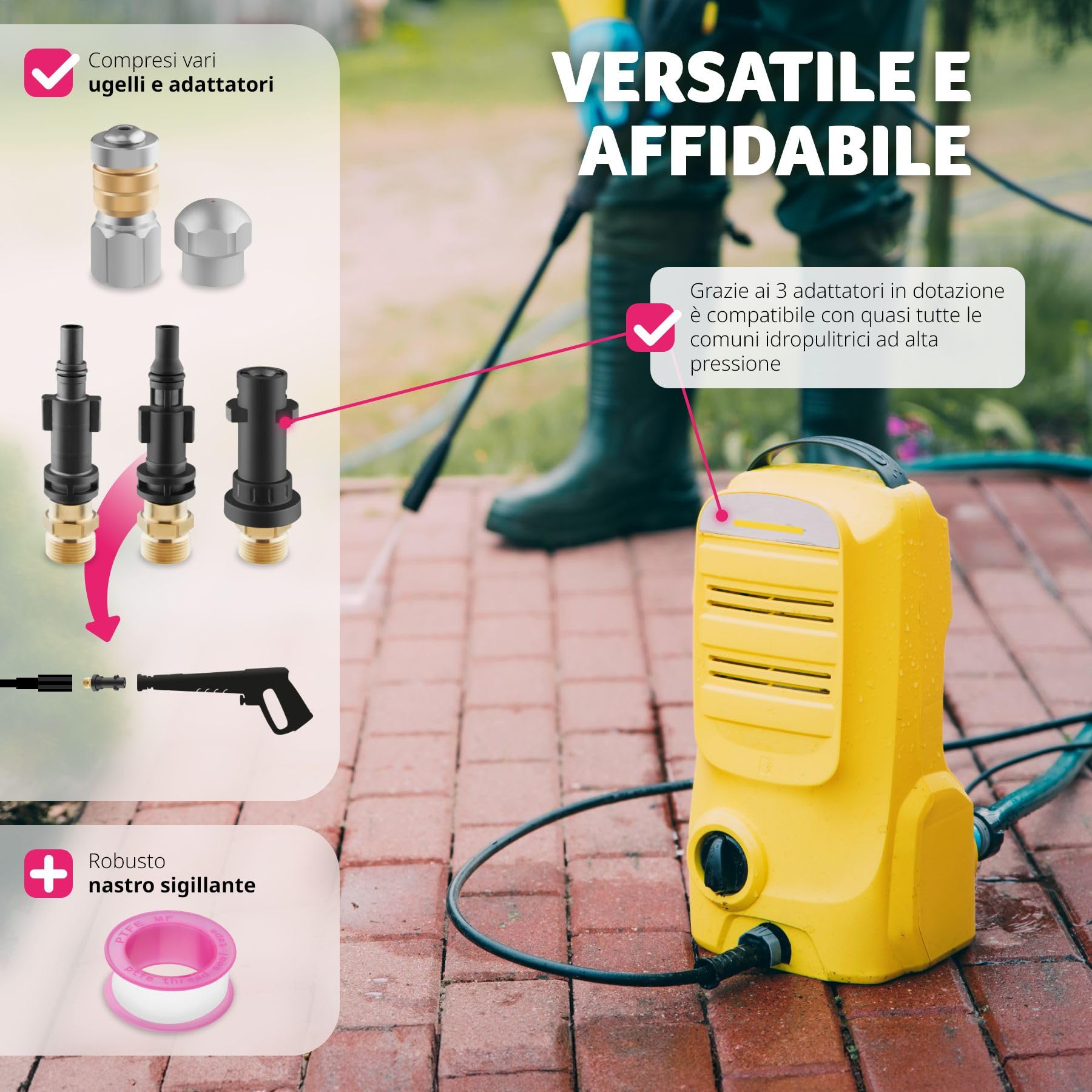 tectake® Set 8 Pezzi Tubo Sturatore con Ugelli in Acciaio Inossidabile, Adattatori Universali, Sonda Sturatubi Idropulitrice, Sonda Stura Lavandini e Scarichi con Isolante e Sacco Contenitore - 30 m