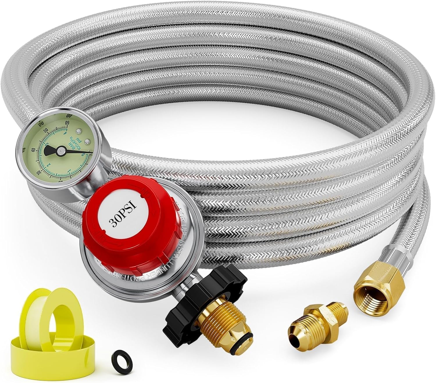 CALPOSE 12FT High Pressure Propane Regulator with Hose, 0-30PSI Adjustable Propane Regulator with Gauge Indicator, Propane Hose with Regulator for Burner, Turkey Fryer, Forge, Smoker and More