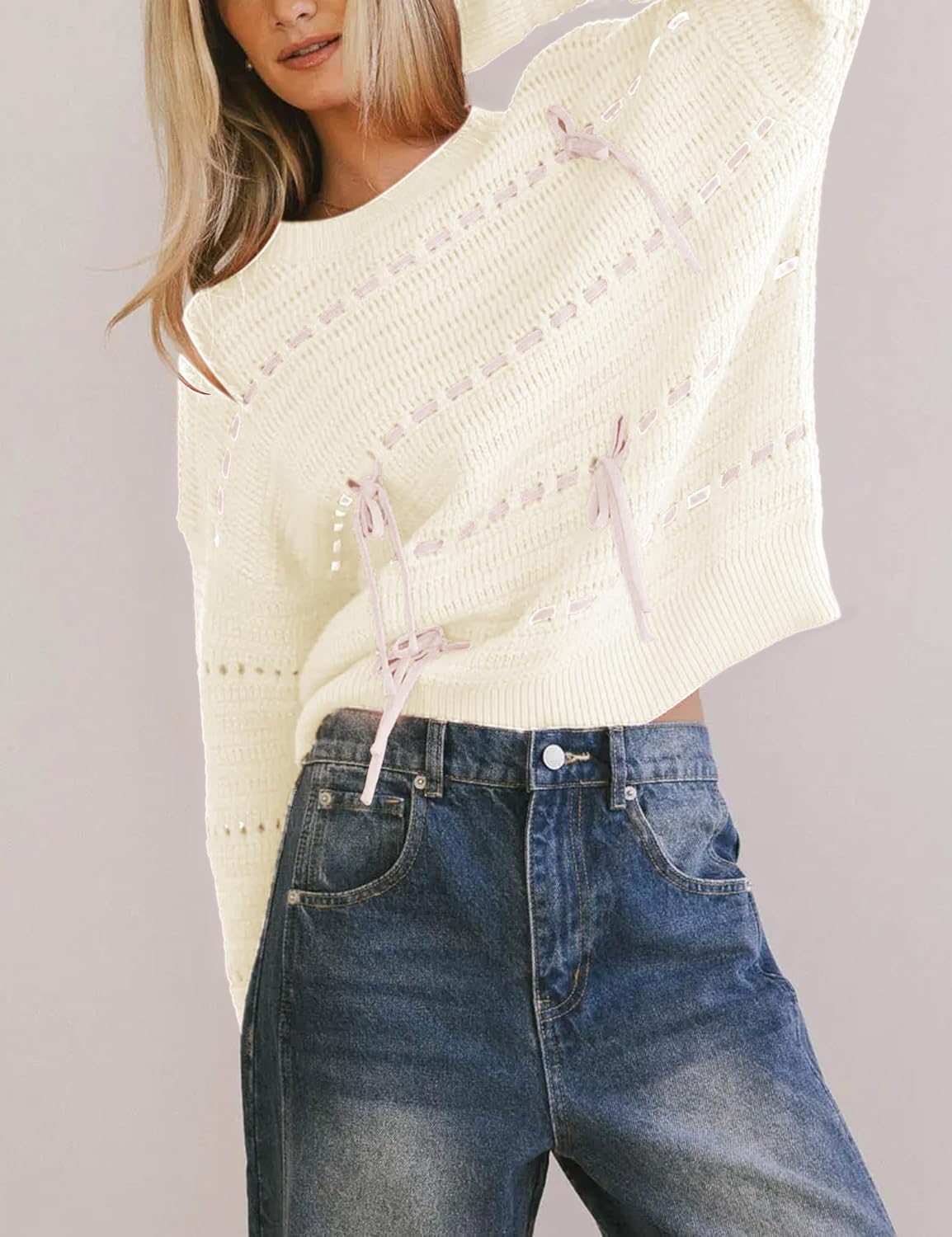 Women‘s Crochet Sweater Pullover Casual Long Sleeve Bow Tie Top Lightweight Hollow Out Knit Fall Outfits - Image 5