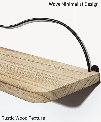 Miniatura 6 de Sapowerntus Estantes flotantes de madera para pared, estante de madera rústico con línea curva de onda, diseño minimalista de geometría simple,