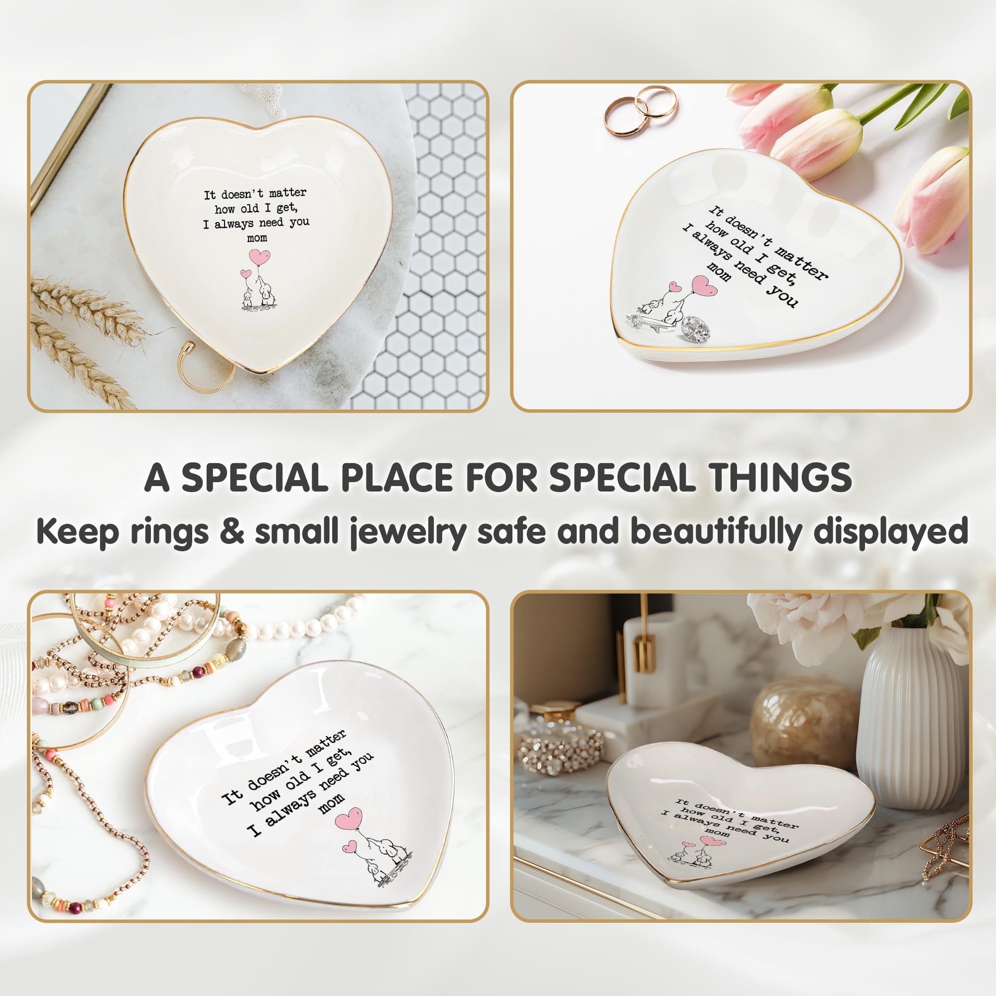Mom Gifts Ring Dish – “I Always Need You, Mom” Quote Ring Holder with Gold Rim – Mother’s Day Gift, Birthday Gifts for Mom from Daughter Son, Keepsake Mom Decor Gift