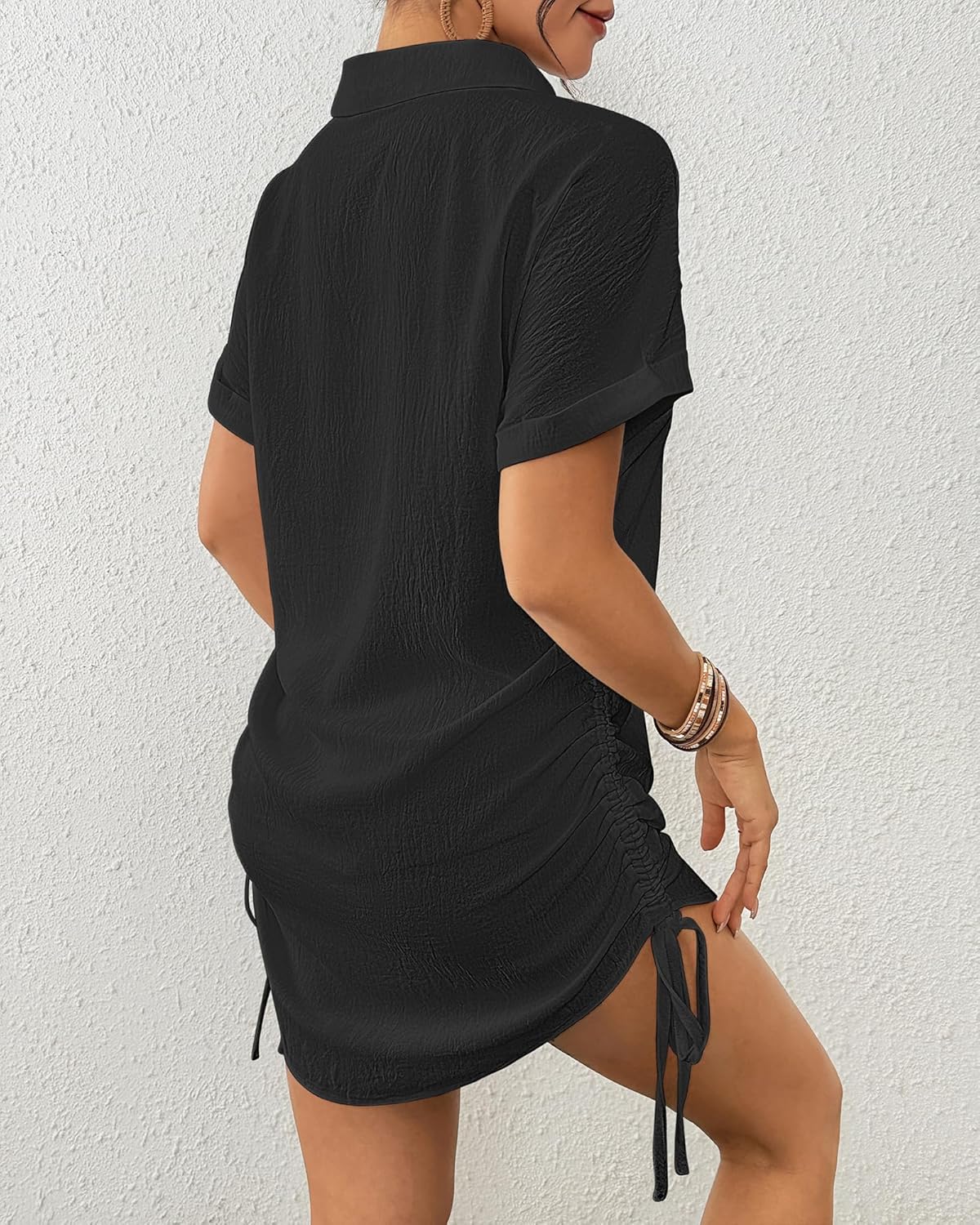 Bsubseach Womens Swimsuit Cover Up Shirt Short Sleeve Bathing Suit Coverups V Neck Bikini Coverup Drawstring Beach Dress