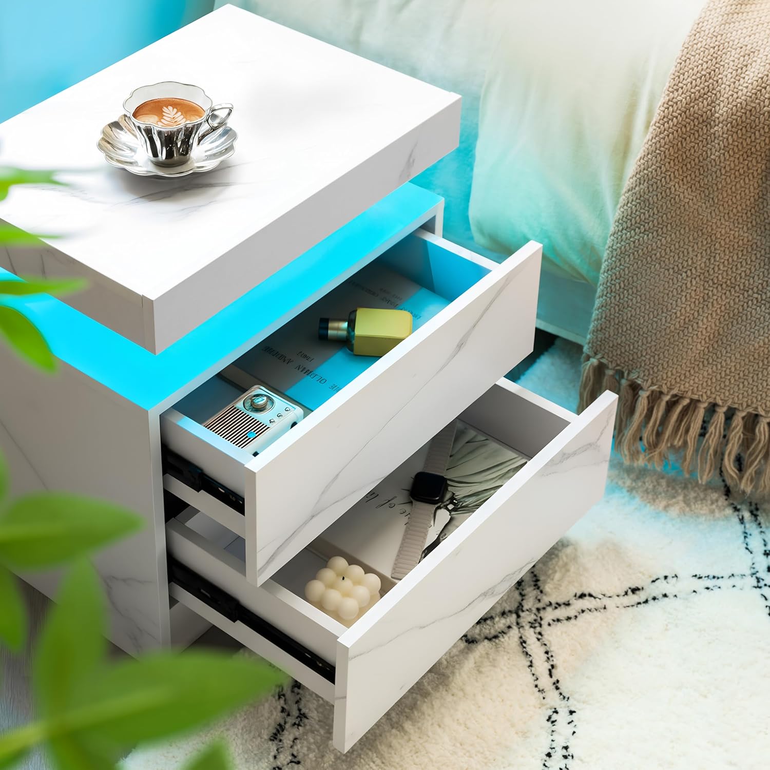 Nightstand with LED Lights for Bedroom, LED Bedside Table with 2 Drawers,Modern End Side Table