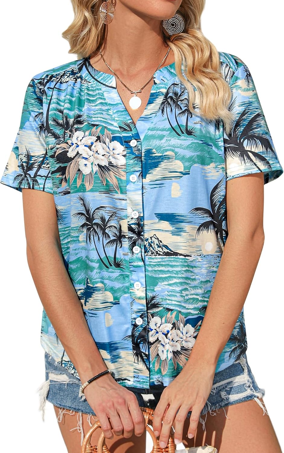 Womens Hawaiian Shirts V Neck Short Sleeve Button Floral Printed T-Shirt Summer Casual Pleated Trendy Blouses Tops - Image 4