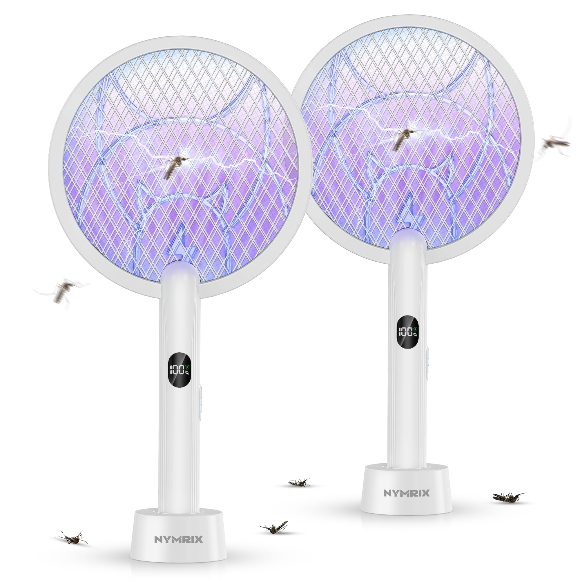 Nymrix Raqueta eléctrica matamoscas 2 en 1, matamosquitos de 4100 V, matamosquitos de mano con batería recargable de 1800 mAh, luz púrpura y malla de seguridad de 3 capas para interiores y exteriores