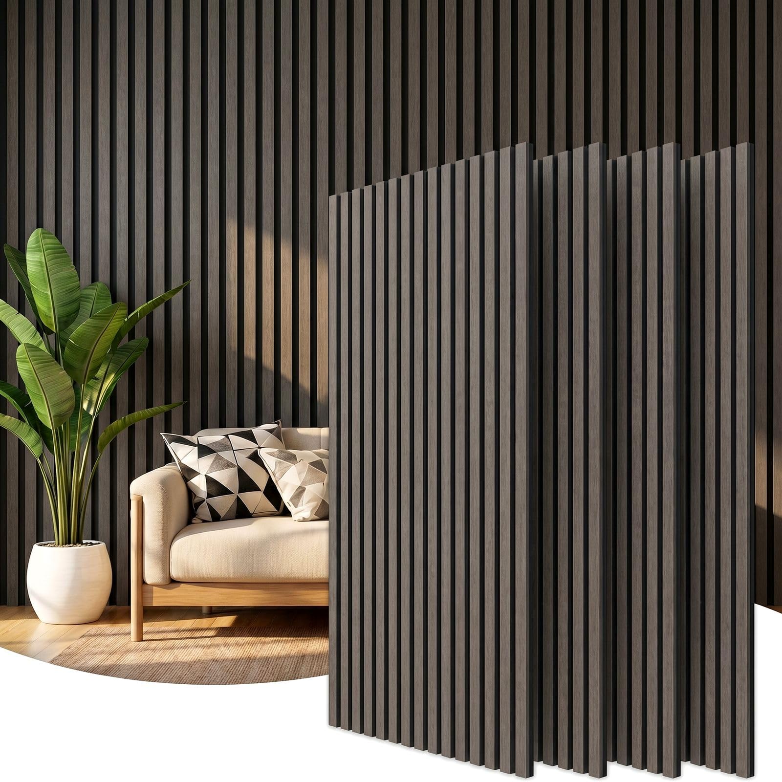 Clevich Panele Akustyczne 3D 120x60x2,1cm, 4 Sztuki, Panele ścienne Imitujące Drewno, Okładzina ścienna Zapewniająca Skuteczną Izolację Akustyczną, Z Filcowym Wyciszeniem, do Salonu,Biura, Dąb Czarny