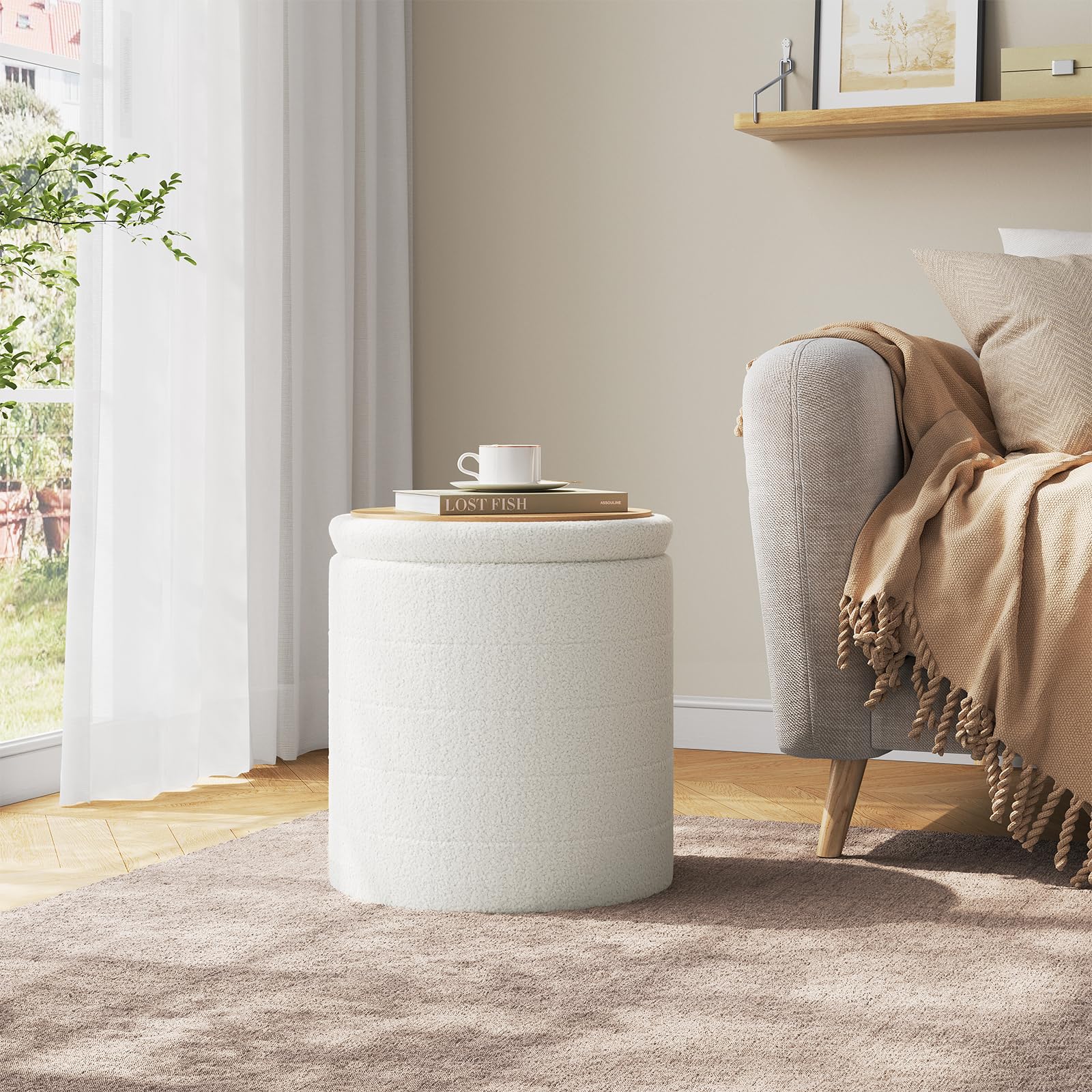 WOLTU Pouf Contenitore con Coperchio Reversibile e Removibile, Sgabello Pieghevole Rotondo, Ø40,5xA43 cm, in Tessuto Teddy e MDF, per Soggiorno, Camera da Letto e Ingresso, Bianco