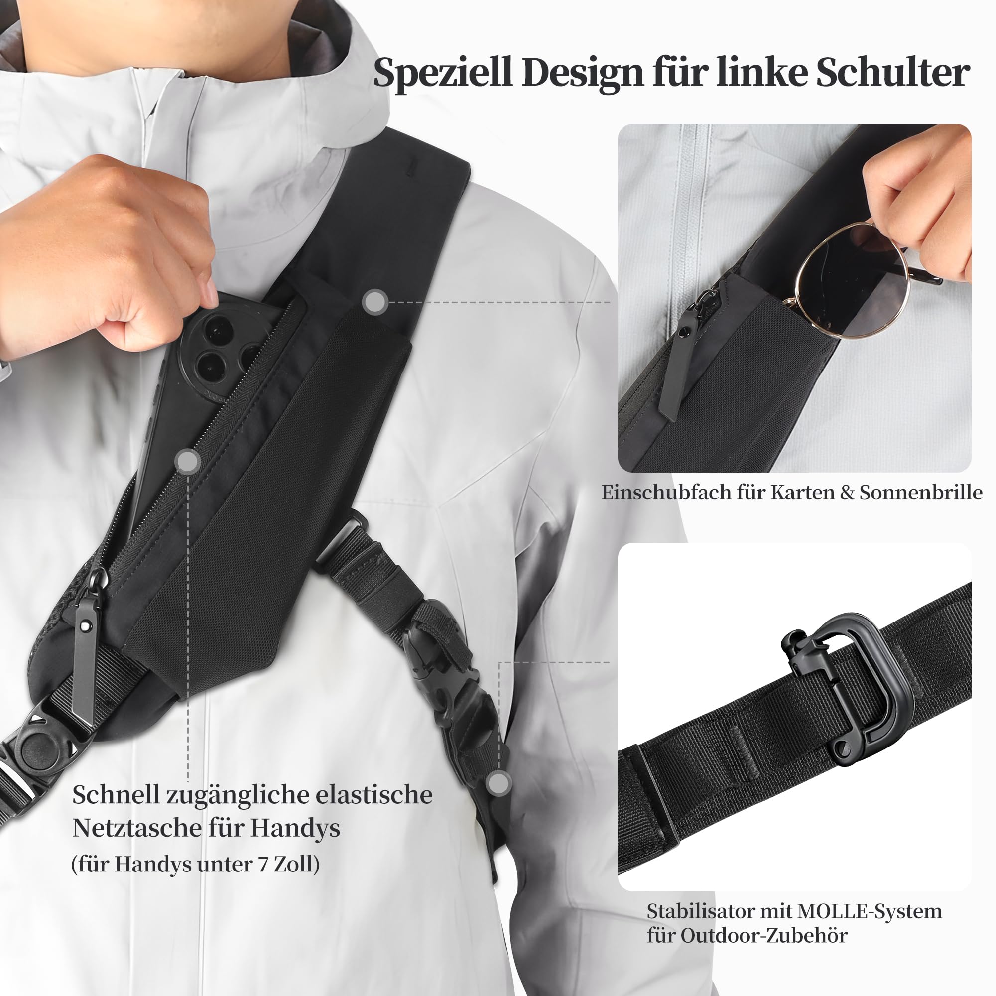 Geestock Umhängetasche linke Schulter für Herren, Sling Rucksack mit Flaschenhalter & MOLLE Stabilisierungsgurt, ein Schultergurt Seitentasche EDC Daypack für Wandern, Radfahren, Outdoor