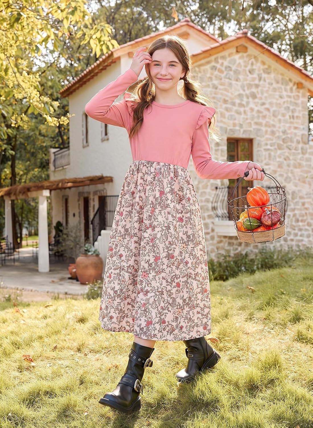 blibean Girls Fall Dresses Floral Long Sleeve Dress Pockets Size 6-15