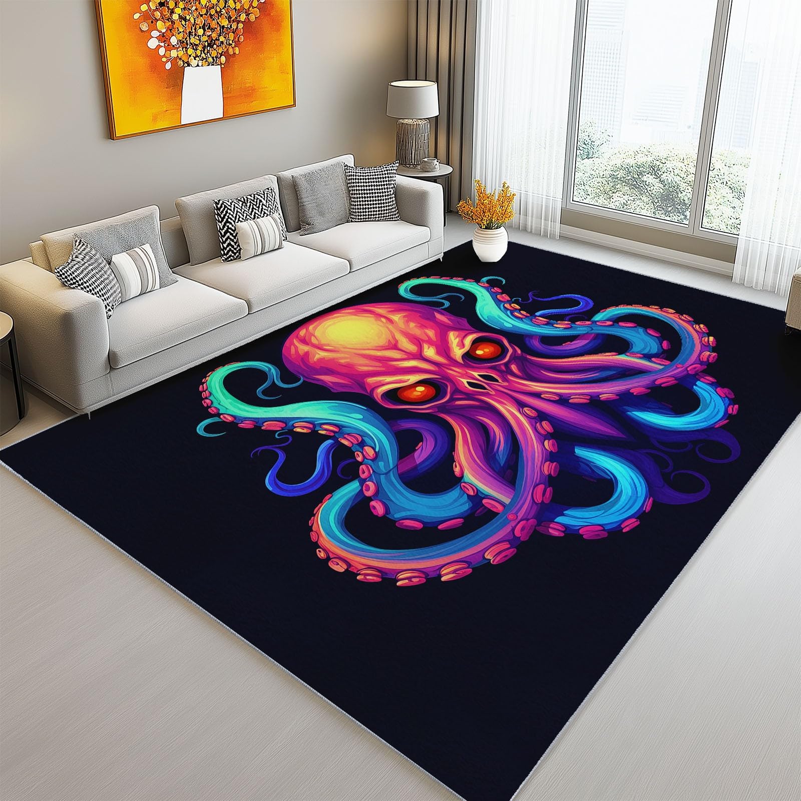 Tapis lavable 60 x 110 cm à poil ras doux et motif crâne de pieuvre fantastique