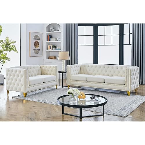 Velvet Living Room Sofa Set of 2, Comfy Loveseat and 3 Seater Couch, Modern Sofa with Tufted Back and Rivet Decoration, Upholstered Long Couch with Solid Golden Metal Tapered Legs, Beige