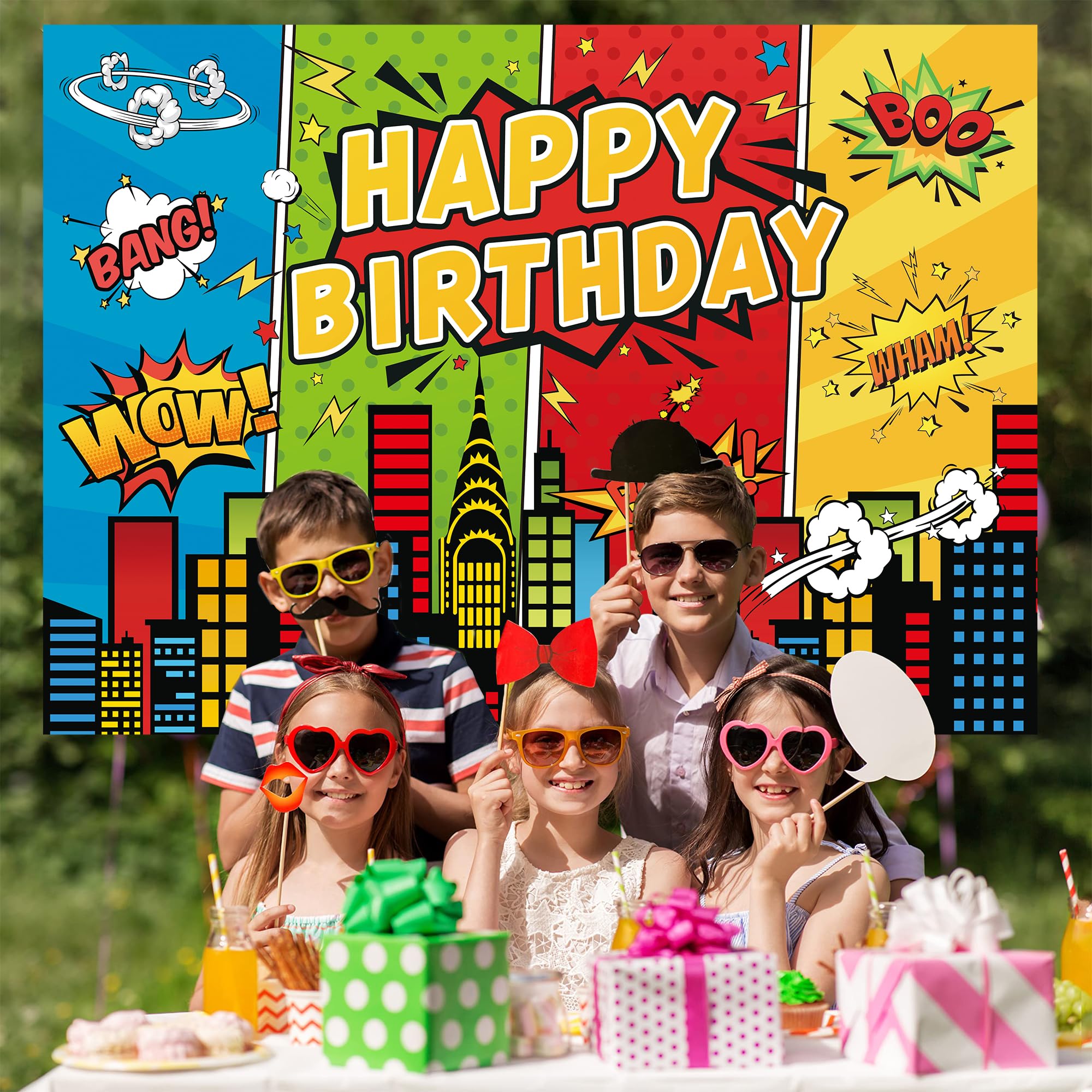 Telón de fondo de 2,1 x 1,5 m, diseño de superhéroe, decoración de cumpleaños para niños, héroes, cómics, decoración de fiesta, paisaje urbano, vista nocturna, edificios de ciudad
