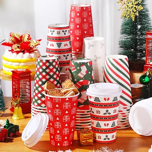 Yaomiao Paquete de 90 tazas de café de Navidad de 16 onzas con tapas, vasos de papel de Navidad desechables a granel para bebidas de chocolate