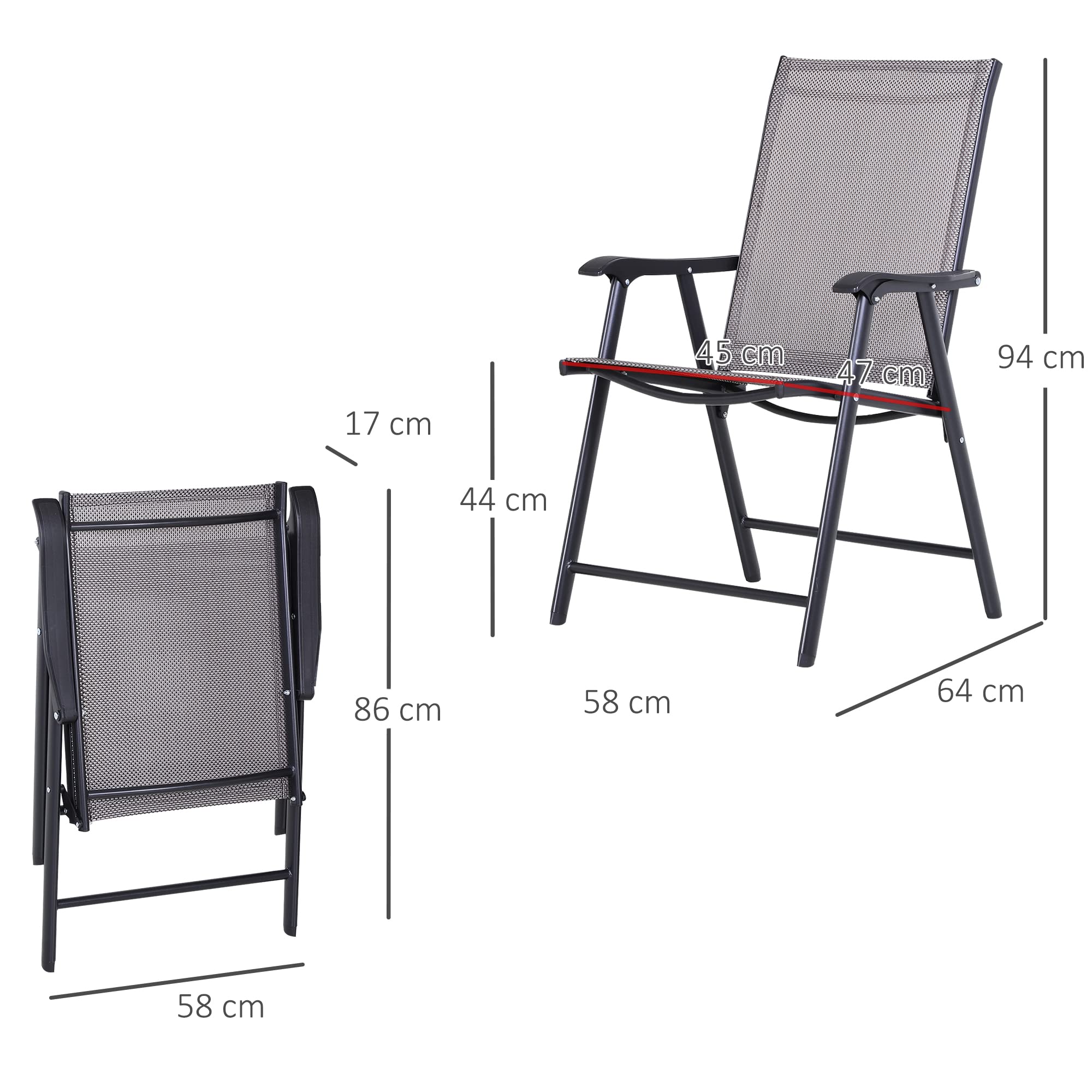 Outsunny Krzesło składane z podłokietnikami, zestaw 2 szt., metal szary