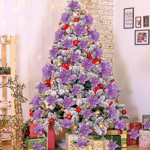 Miniatura 65 de 36 piezas de 3 tamaños de flores artificiales de Navidad con purpurina de Navidad para decoración de árbol de Navidad, Año Nuevo, decoración