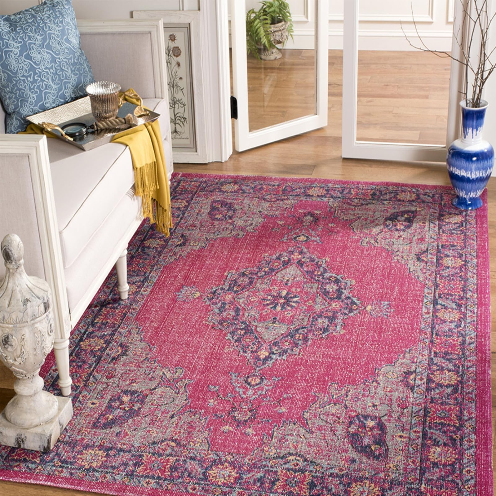 Rug-QJDDUP Kurzflor Teppich Wohnzimmer,Rot-rosa Florale Vintage-Shabby-Chic-Muster,Red Pink,120 x 170 cm, rutschfest Waschbarer Teppiche Modern Schlafzimmer Vintage Esszimmer,