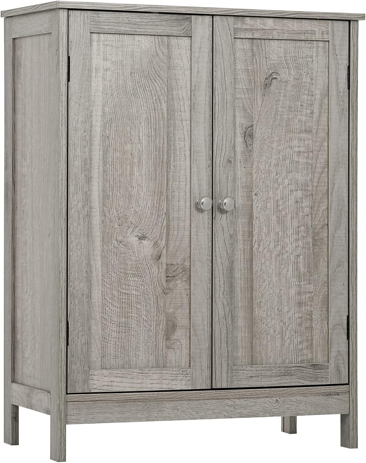 Iwell Floor Storage Cabinet with 2 Adjustable Shelves & 2 Doors, Wooden Bathroom Cabinet for Entryway, Office, Living Room, Gray