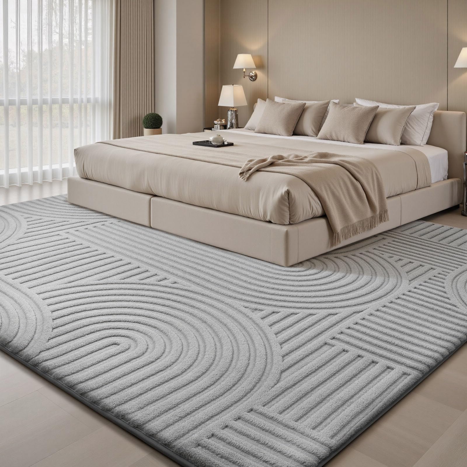 Sour Lemon Tapis de salon 200 x 300 cm, Tapis 3D gris clair avec design circulaire, Tapis peluche courte lavable, Tapis antidérapant pour chambre, salle à manger, cuisine et bureau