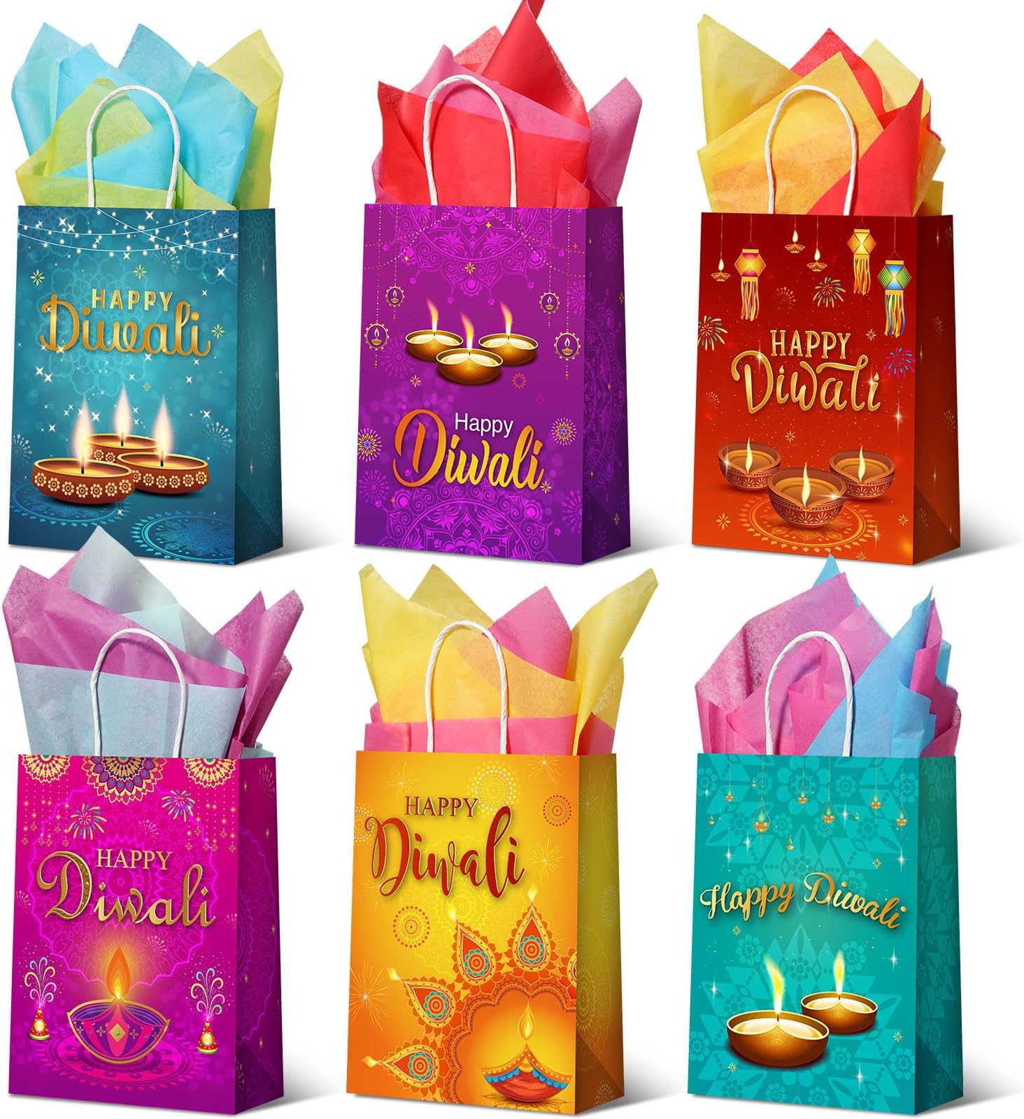 Cholemy 18 Pieces Happy Diwali Paper Bags with Handles Diwali Party Favors Gift Bags Tissue Paper Diwali Themed Candy Goodie Bags Deepavali Candle Tea Light Oil Lamp Printed for Diwali Party Decor