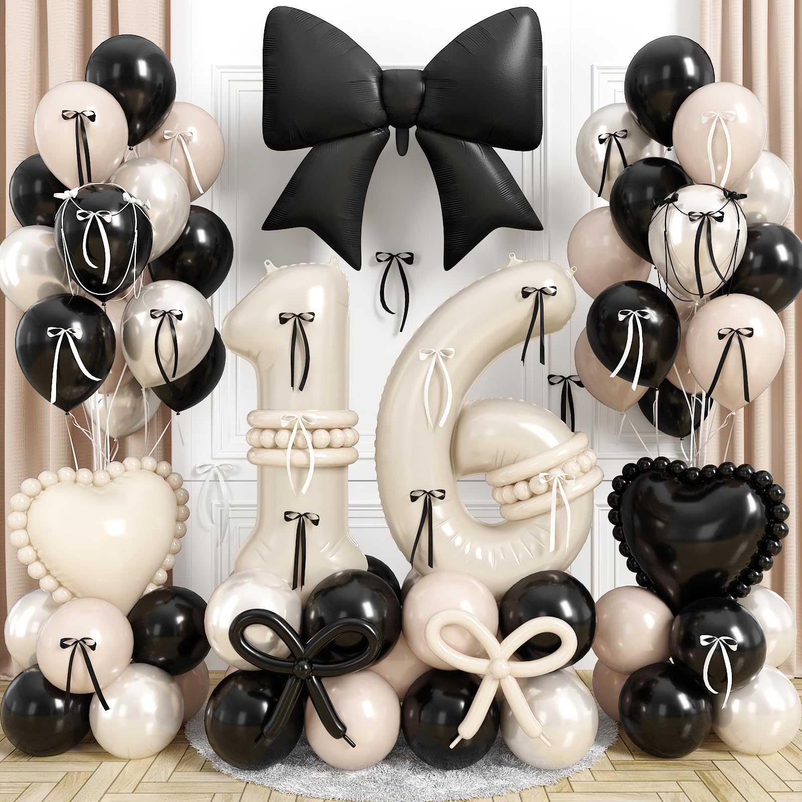 Cream 16 Number Balloon, 16th Birthday Decorations for Girls Double Stuff Pearl White Black Beige Latex Balloon Bow Heart Foil Balloon for Sweet Sixteen 16 Year Old Birthday Anniversary Party Decor