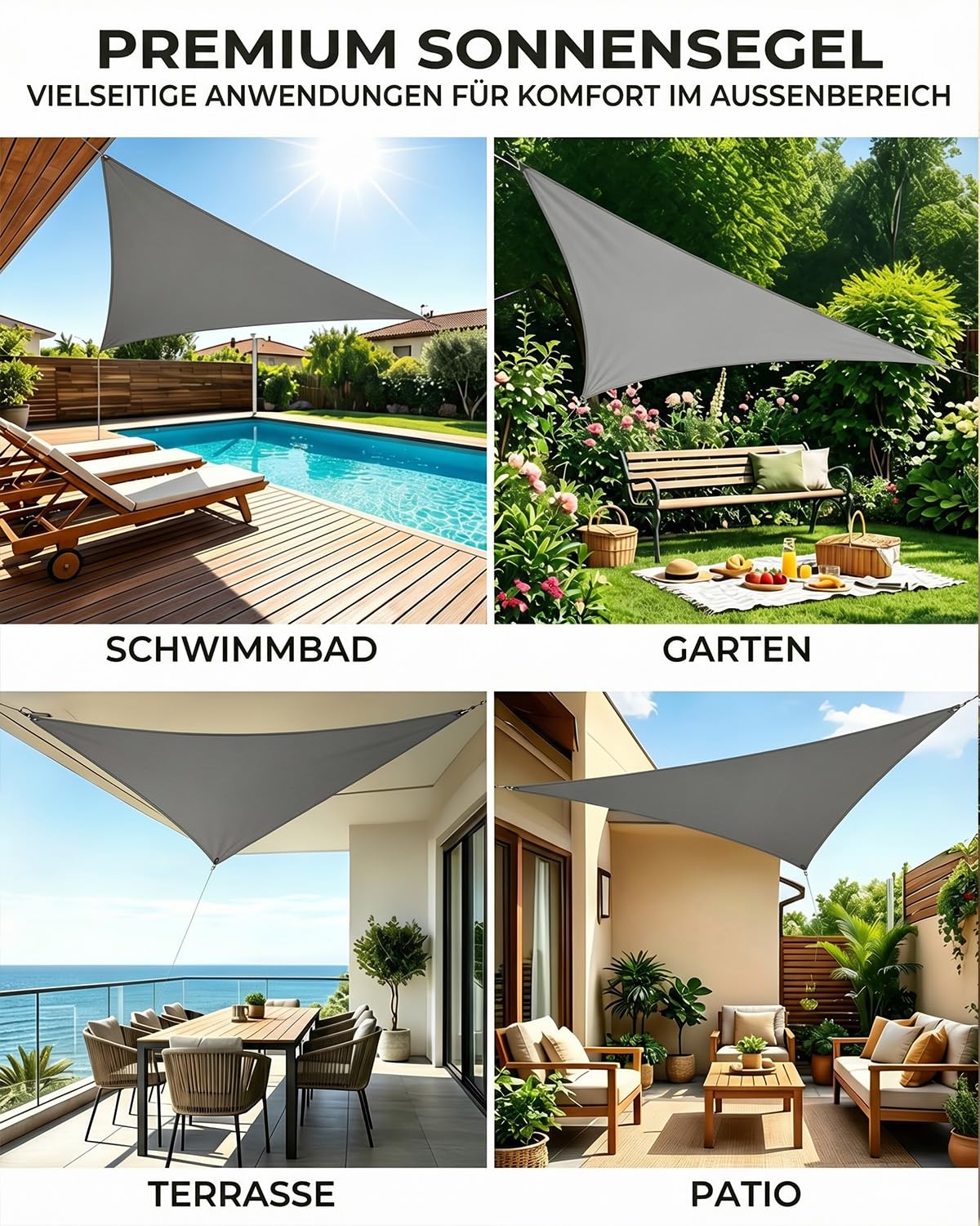 Sonnensegel Dreieckig 3x4x5m Wasserdicht, Sonnenschutz Windschutz, Premium HDPE Wetterbeständig Atmungsaktiv mit 95% UV-Schutz, Reißfest mit Befestigungsset für Balkon, Garten, Terrasse (Anthrazit)