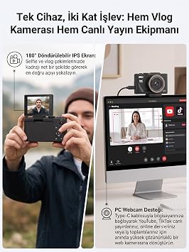 5K Dijital Kamera, Fotoğrafçılığa Yeni Başlayanlar İçin Auto Focus Fotoğraf Makinesi, 3 İnç Katlanabilir IPS Ekran, Çocuklar ve Öğrenciler İçin Hediye Kamera, Hafıza Kartı Hediye (Siyah)