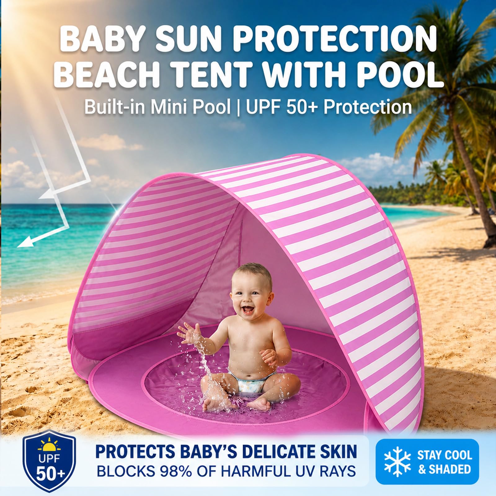 Tienda de campaña para la playa para bebés con piscina, tienda de campaña portátil con minipiscina separable, protección UV, ideal para playa, jardín y camping (rayas rosas)