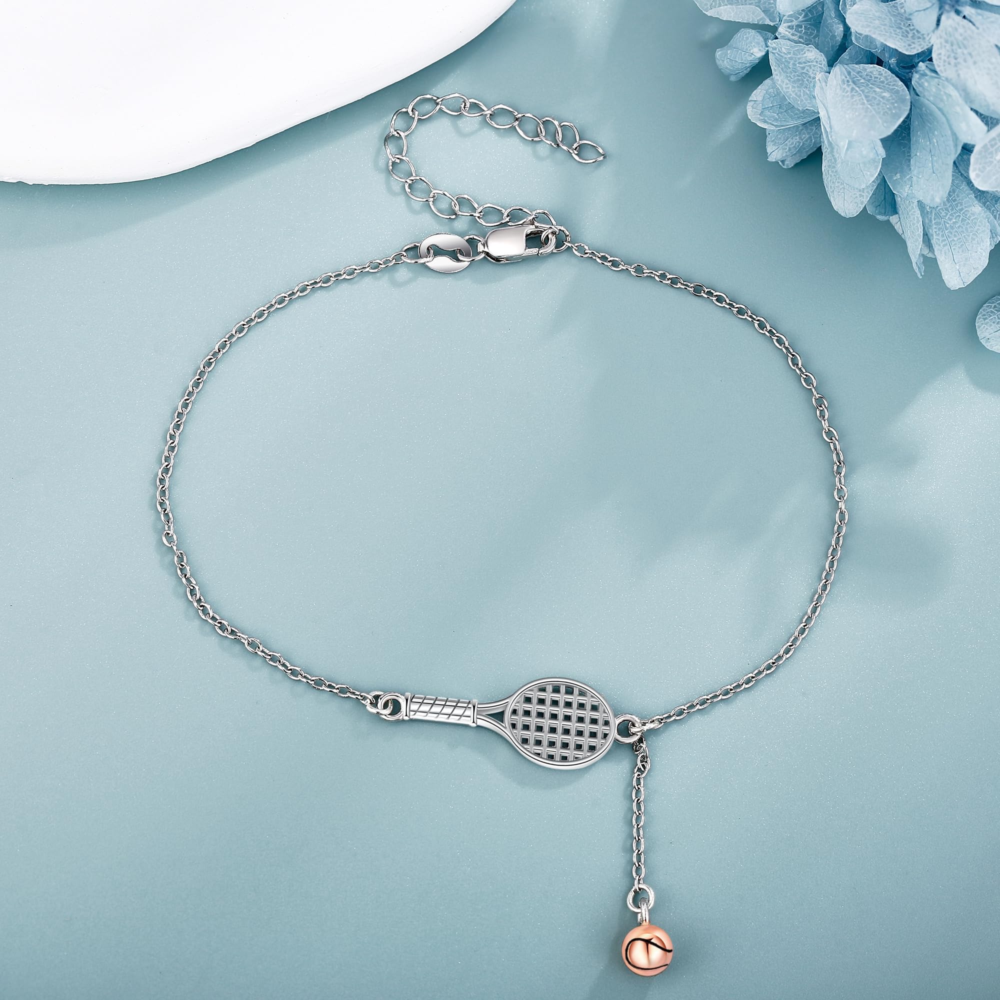 URONE Tennis Schläger Armband Sterling Silber Tennisschläger Anhänger Armband Sport Schmuck für Damen Tennis Liebhaber