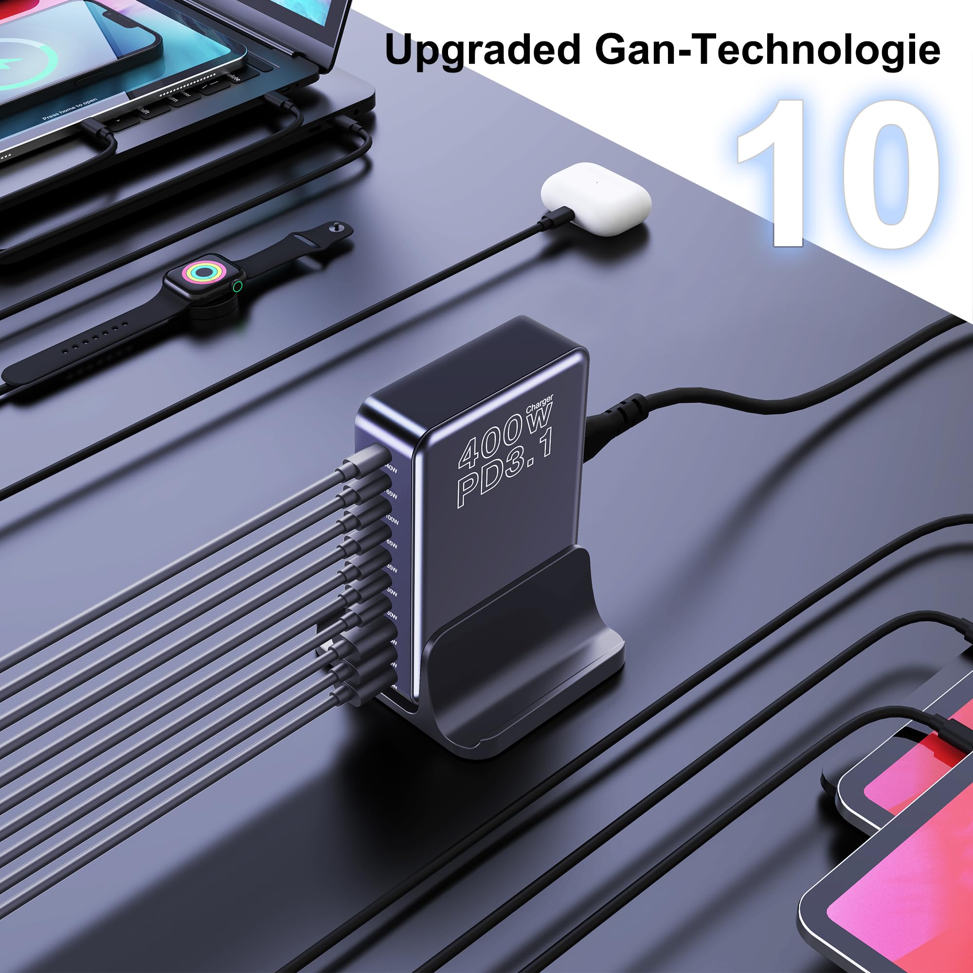 Caricatore USB C da 400 W, multiuso, 10 porte, GaN, con PD3.1, 140 W, PPS, 45 W, QC20 W, per MacBook Pro/Air, iPad, iPhone 16/15, Galaxy S24/S23, Steam Deck