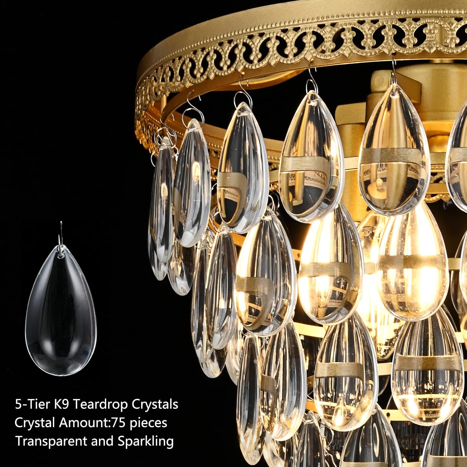 4 Light Chandeliers for Dining Room, K9 Crystal 5-Tier Vintage Gold Chandelier Light Fixture Pendant Lights Kitchen Island,Modern Chandeliers for Bedroom,Entryway