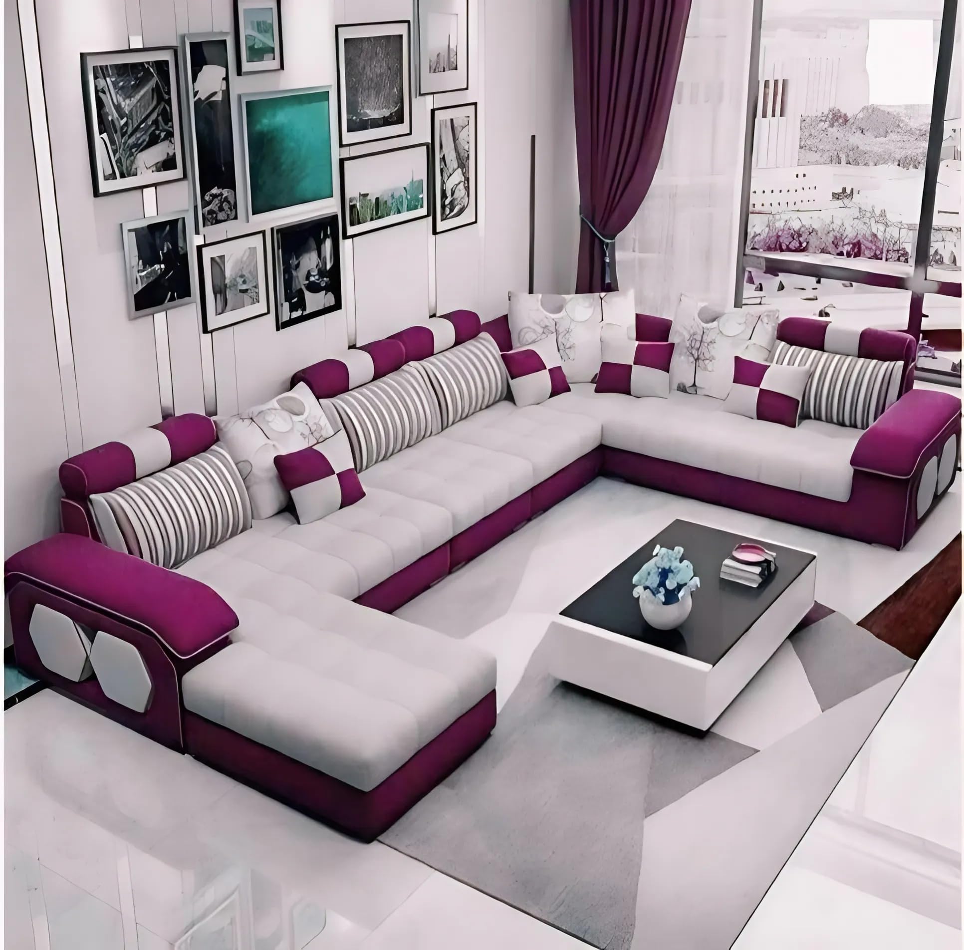 Torque - Silvester 12 Seater U Shaped Sofa for Living Room (Left Side, Maroon) | Large 12-Seater Couch Set with Cushion and Stool | Fabric Sofa for Hall Festival Gifts