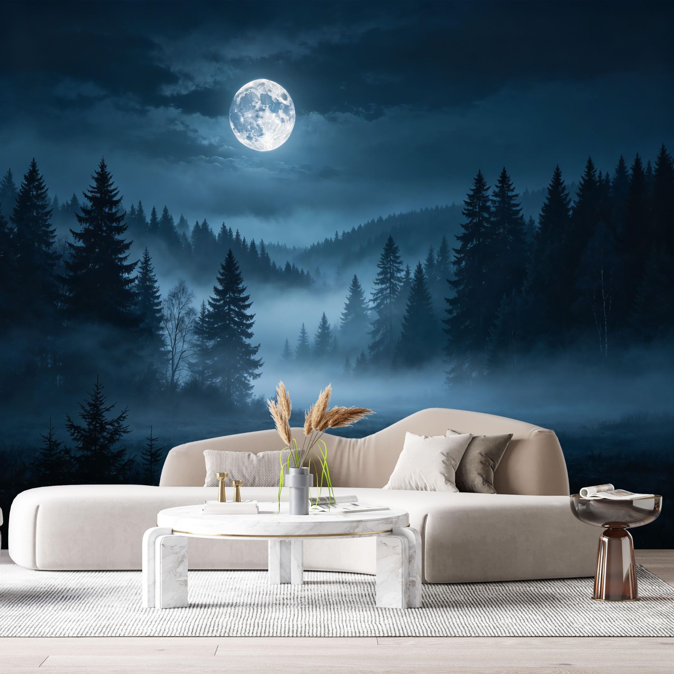 Custom Size Wall Murals Moonlight Forest Landscape Misty Night Trees Watercolor SelfAdhesive Wall Fabric Removable Large Wallpaper for Photo Living Room