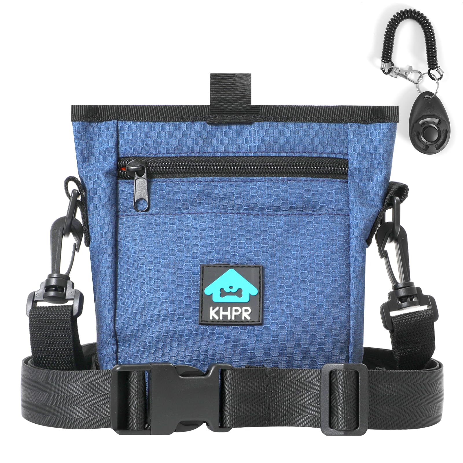 KHPR Dog Treat Pouch Magnetic Closure with Training Clicker，Hands-Free Design to Prevent Spills，Built in Poop Bag Dispenser，3 Ways To Wear，Metal Clip Waist Belt and Fanny Pack for Pet Walking（Blue）