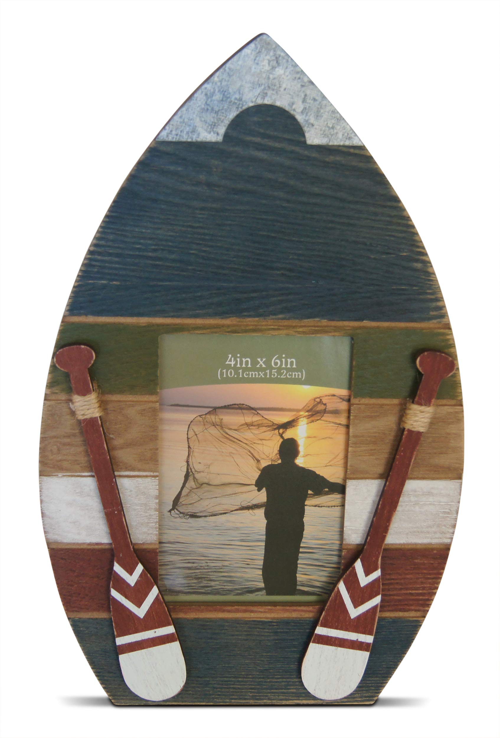 Shoreside NauticalLake House Row Boat High Themed Quad-Color Standing Picture Frame Decor Distressed Rustic Design with Oar Accents (1 Piece)