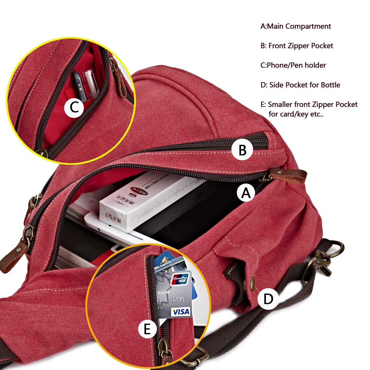 Zaino Monospalla Crossbody Sling Bag Borsa a Tracolla in Tela Casual Daypack Borse a spalla Zaino per Uomo Donna Outdoor Ciclismo Escursionismo Viaggi (Rosa Rossa)