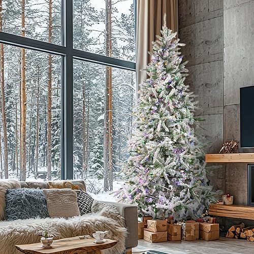 Miniatura 2 de Fraser Hill Farm - Árbol artificial de Navidad nevado Mountain Pine de 9 pies, con luces LED de color multicolor y blanco cálido y soporte,