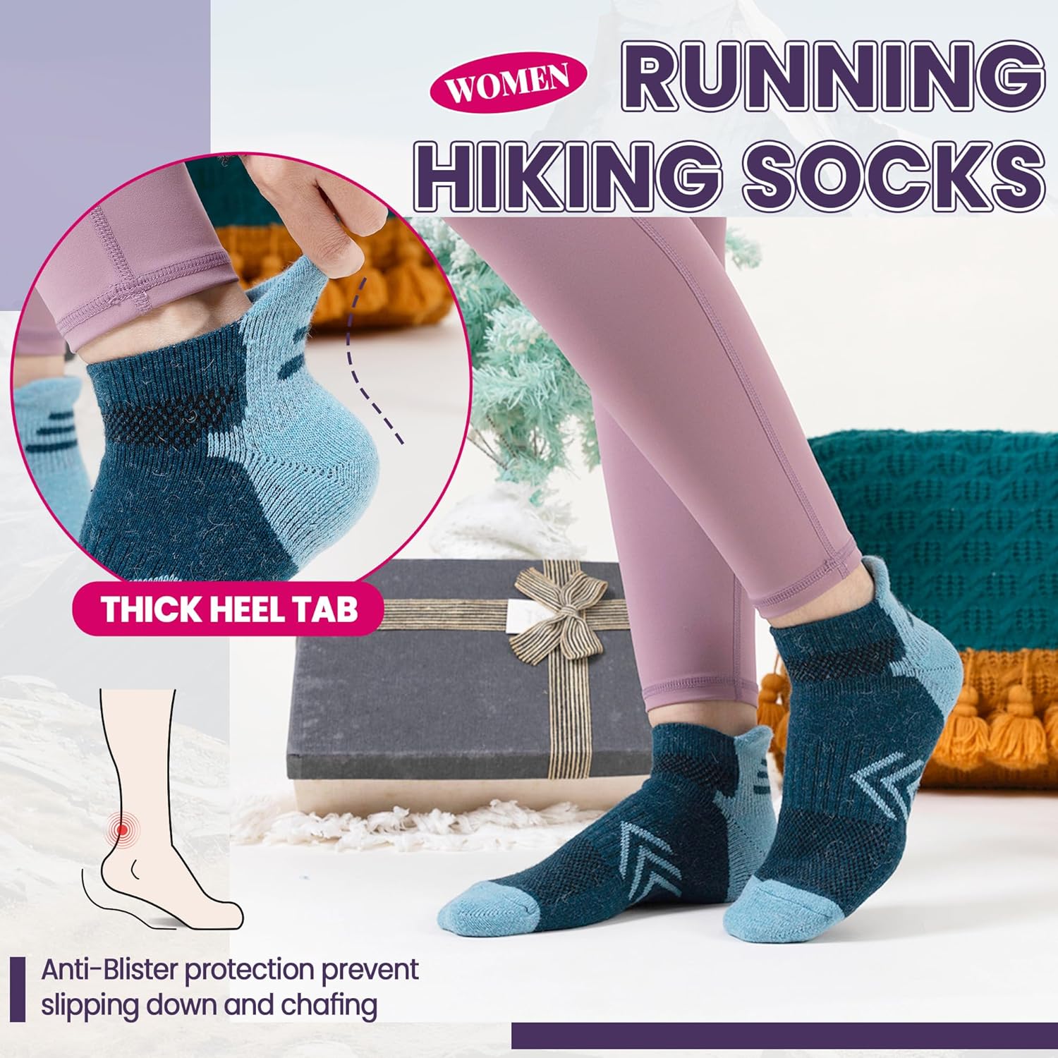 Velice Merino Wool Ankle Hiking Running Socks for Women Compression Thick Athletic Cushion Breathable No Show Socks 6 Pairs - Image 3