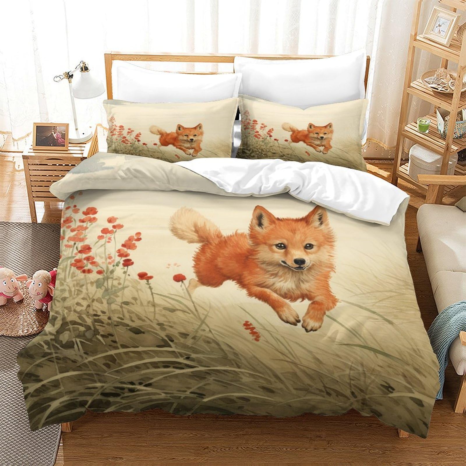 P1S9U7W5Y Nature Fox 3D Printed Duvet Cover Set 3pcs Microfiber Meadow Bedding Set King