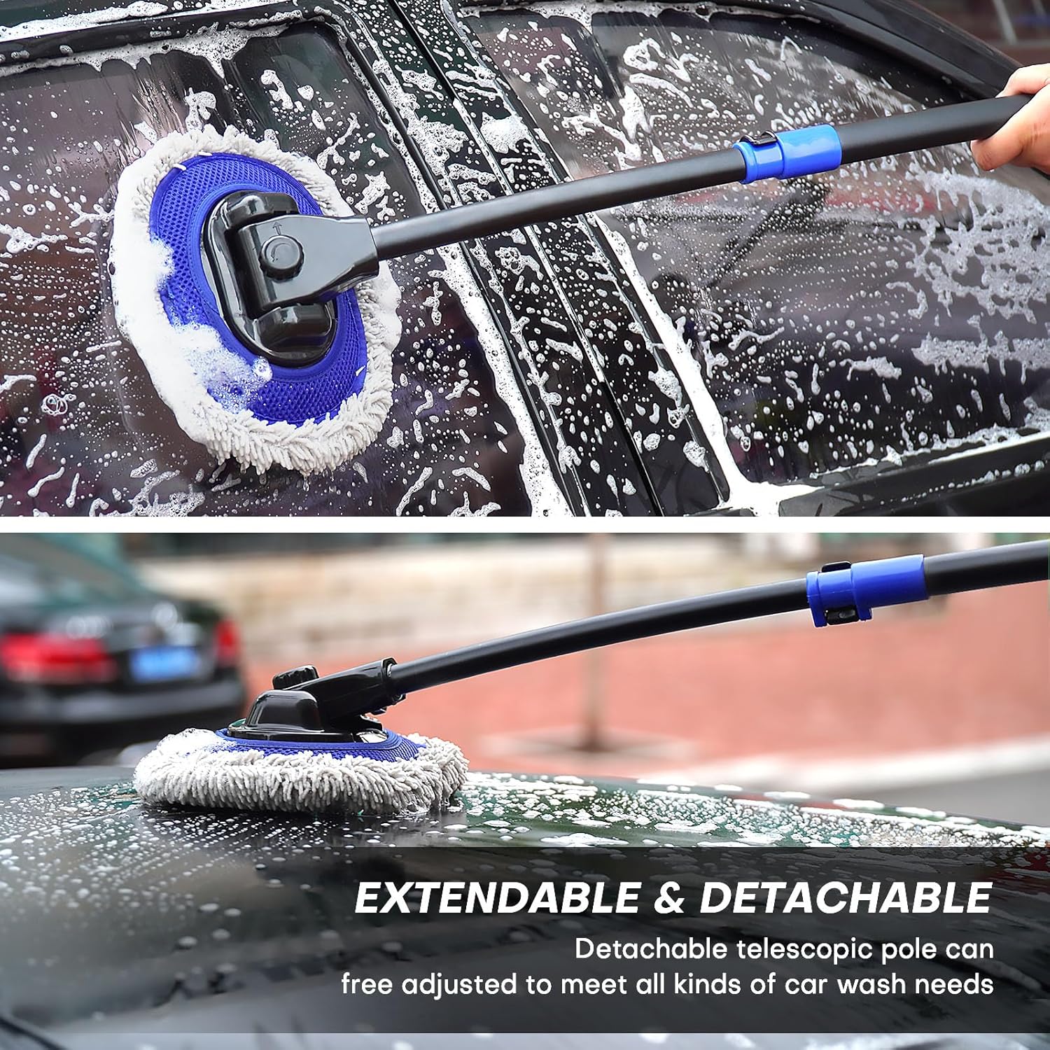 Ultimate Car Wash Brush with Long Handle | 15-Degree Curved Pole Design | Microfiber Brush Head | Adjustable Length | Wide Applications for Car, RV, Truck, Pickup | Car Wash Kit (Blue)