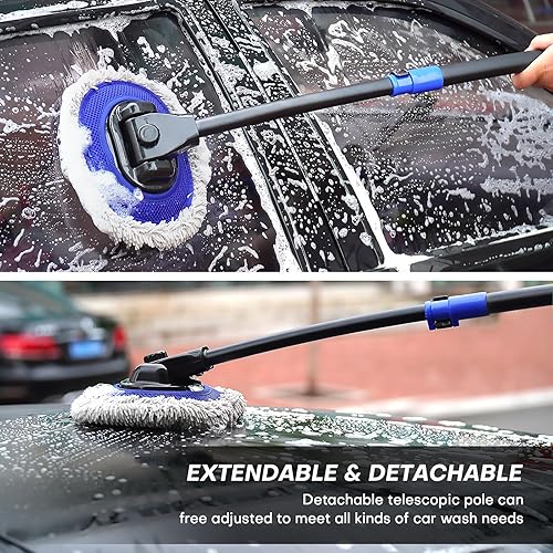 Miniatura 4 de Cepillo de lavado de autos con mango largo  Diseño de poste curvado de 15 grados  Cabezal de cepillo de microfibra  Longitud ajustable  Amplias