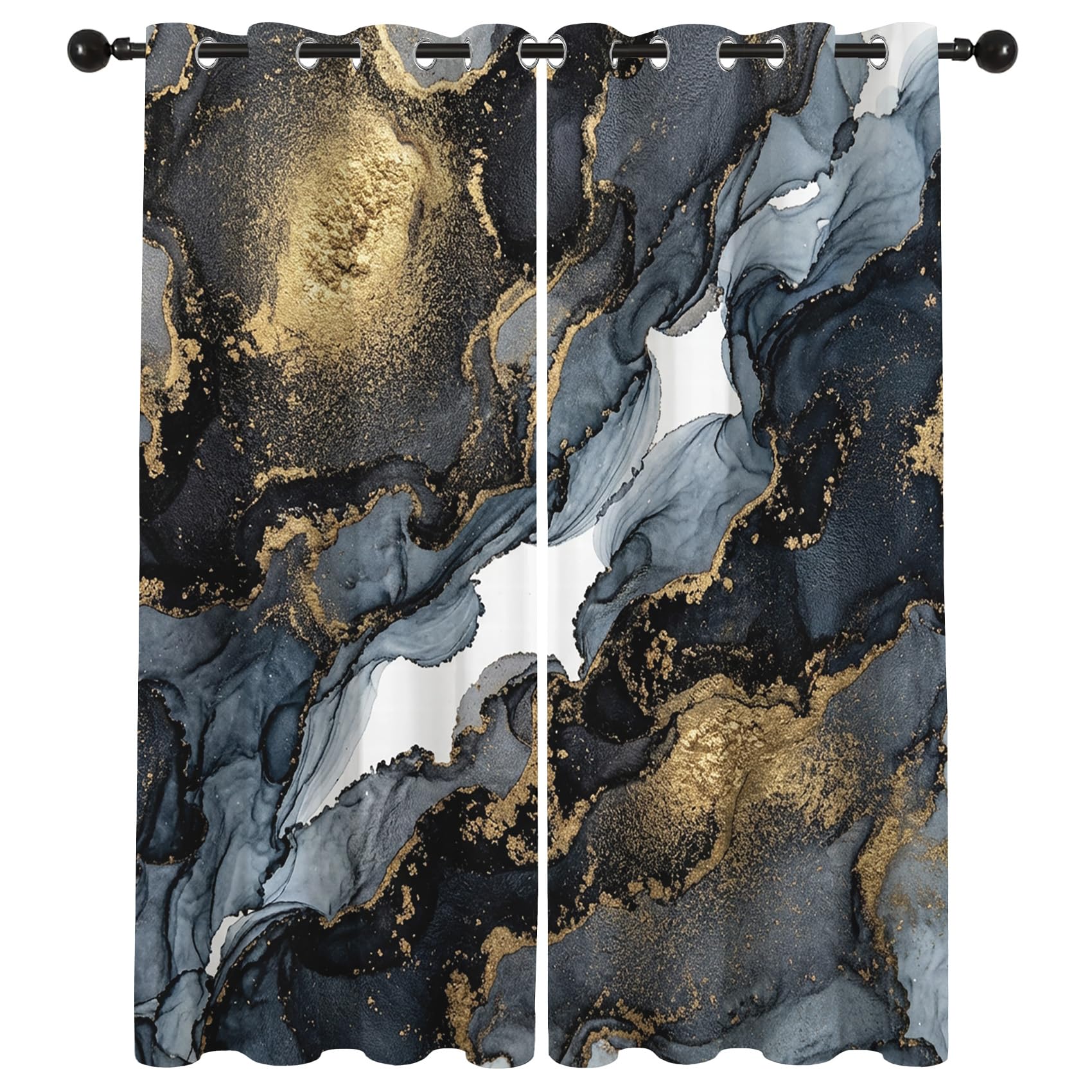 Marmor Optik Schwarz Gold Vorhänge Blickdicht Gardinen mit ösen Luxus Abstrakt Modern Vorhang 160 cm Lang Verdunklungsvorhänge für Schlafzimmer Wohnzimmer Fenster Thermovorhang 2er Set