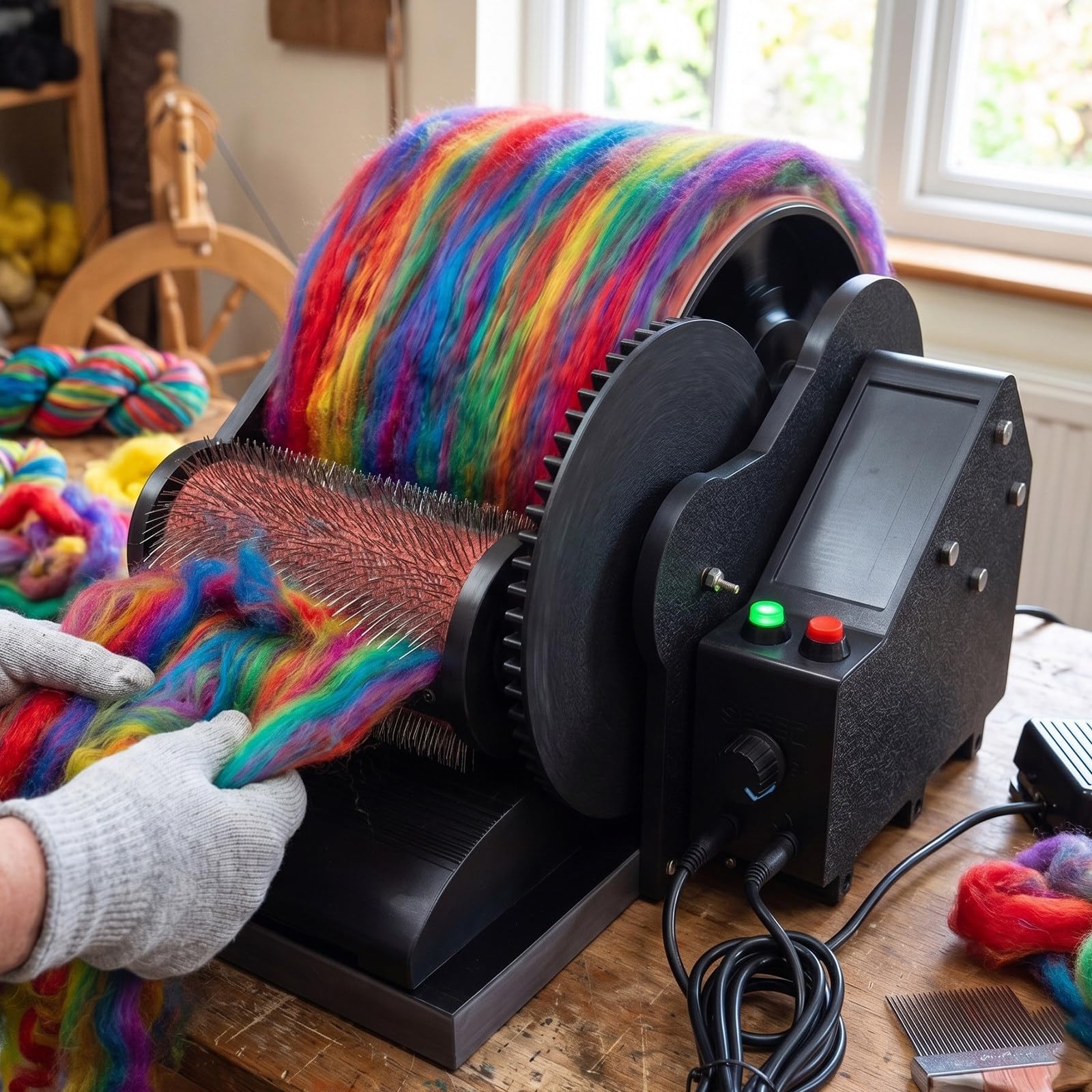 MiyKom Motorized Drum Carder for Wool Felt Paintings, 56 RPM Variable Speed Fiber Blending Machine, Dual Roller Combing Tool with Foot Pedals for Processing Yarn Fabric Making Arts