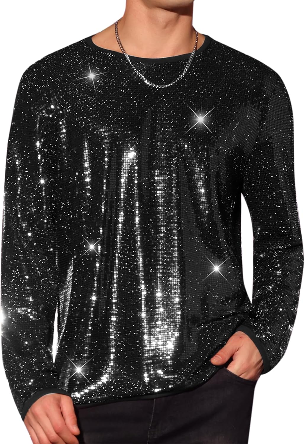 Lars Amadeus Sequins T-Shirt for Men's Crew Neck Long Sleeves Party Clubwear Sparkly Tee Tops