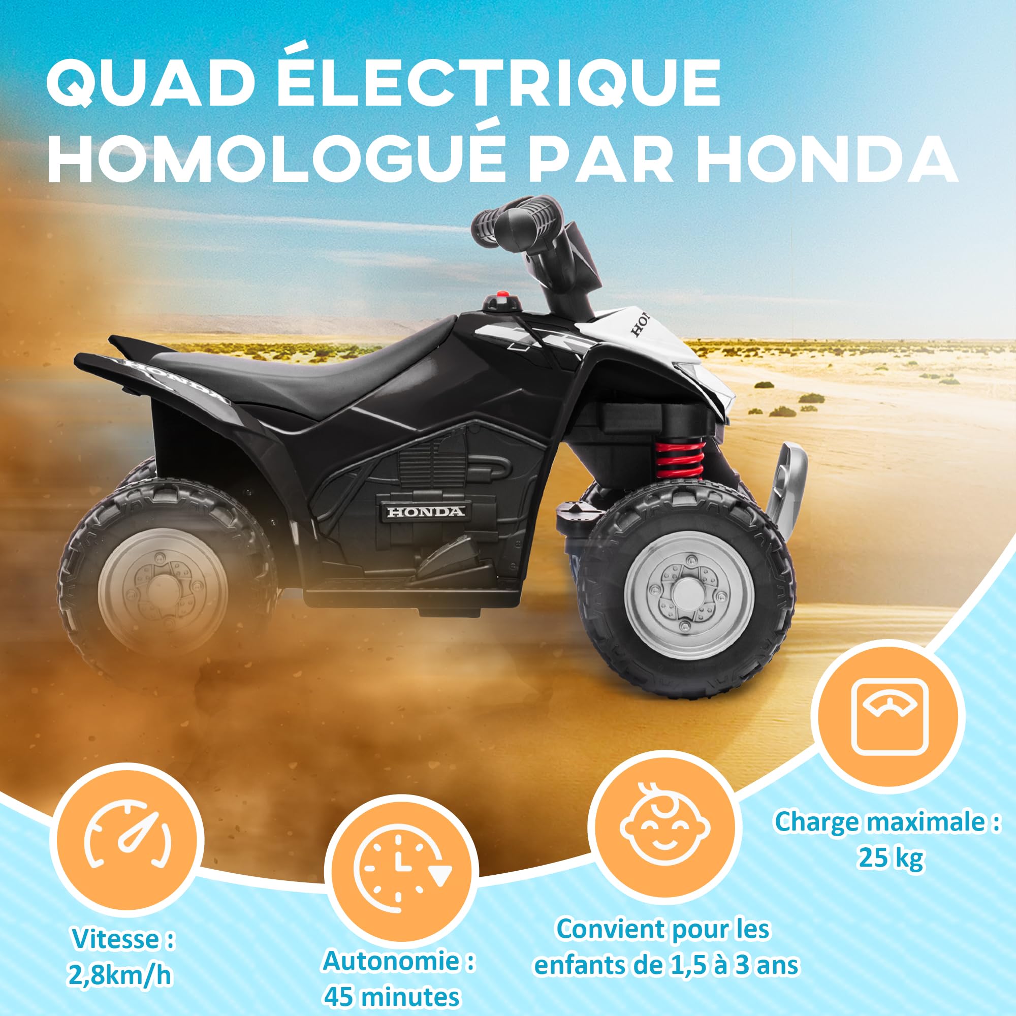 AIYAPLAY Quad Électrique Enfant 6 V Honda sous Licence 2,8 km/h Noir | Voiture Électrique Enfants, Klaxon, Poignée et Selle Ergonomique, Phares LED