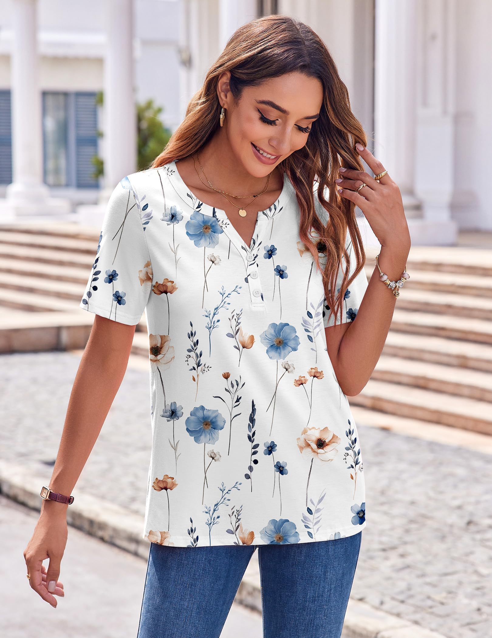 Topy damskie z krótkim rękawem, dekolt w serek, tunika, top z nadrukiem, elegancka luźna koszula z zapięciem na guziki (wielokolorowe, S-XXL)