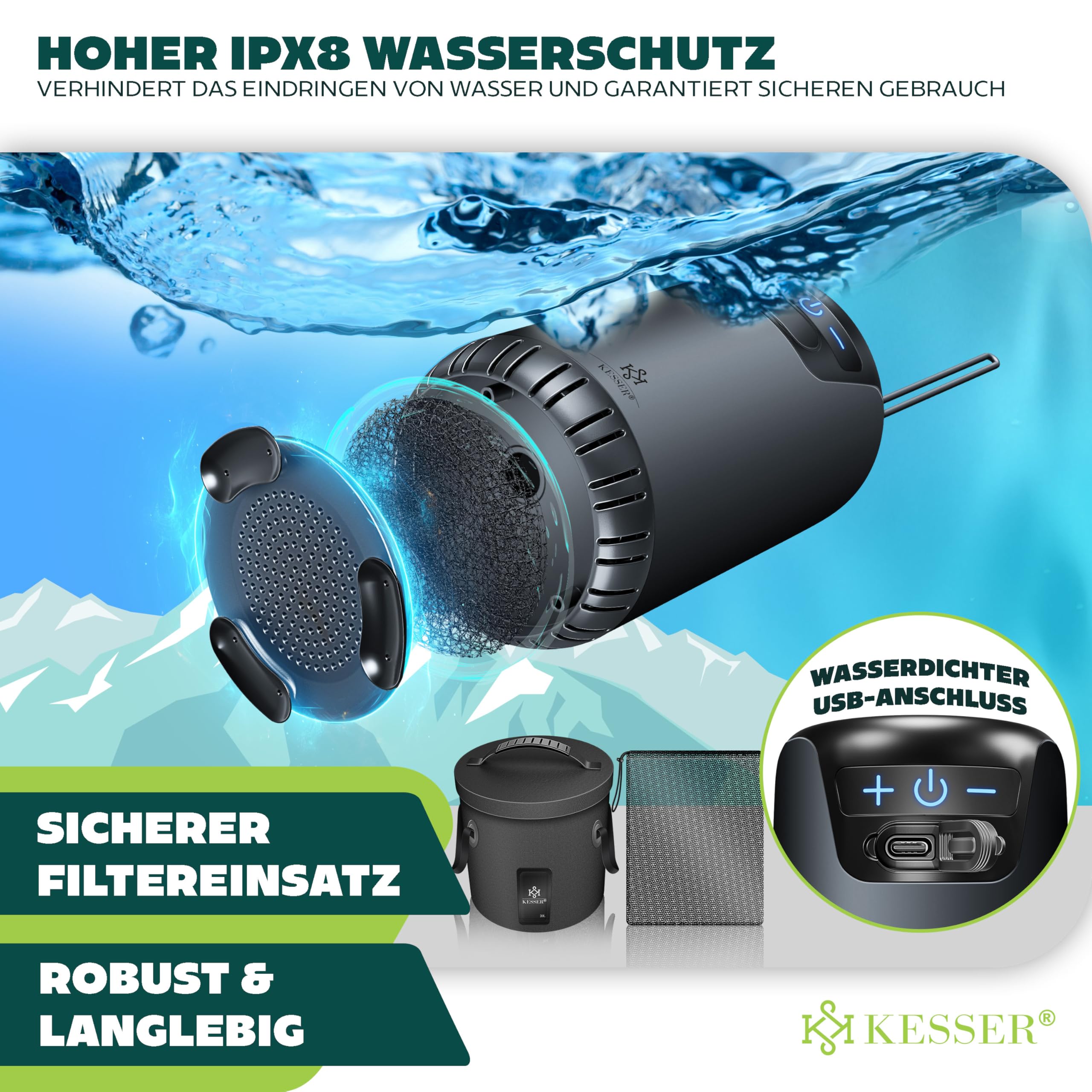 KESSER® Doccia solare da campeggio con pompa e batteria ricaricabile da 4000 mAh, set doccia da campeggio con soffione doccia regolabile, tubo da 2 m, pistola a spruzzo e supporto