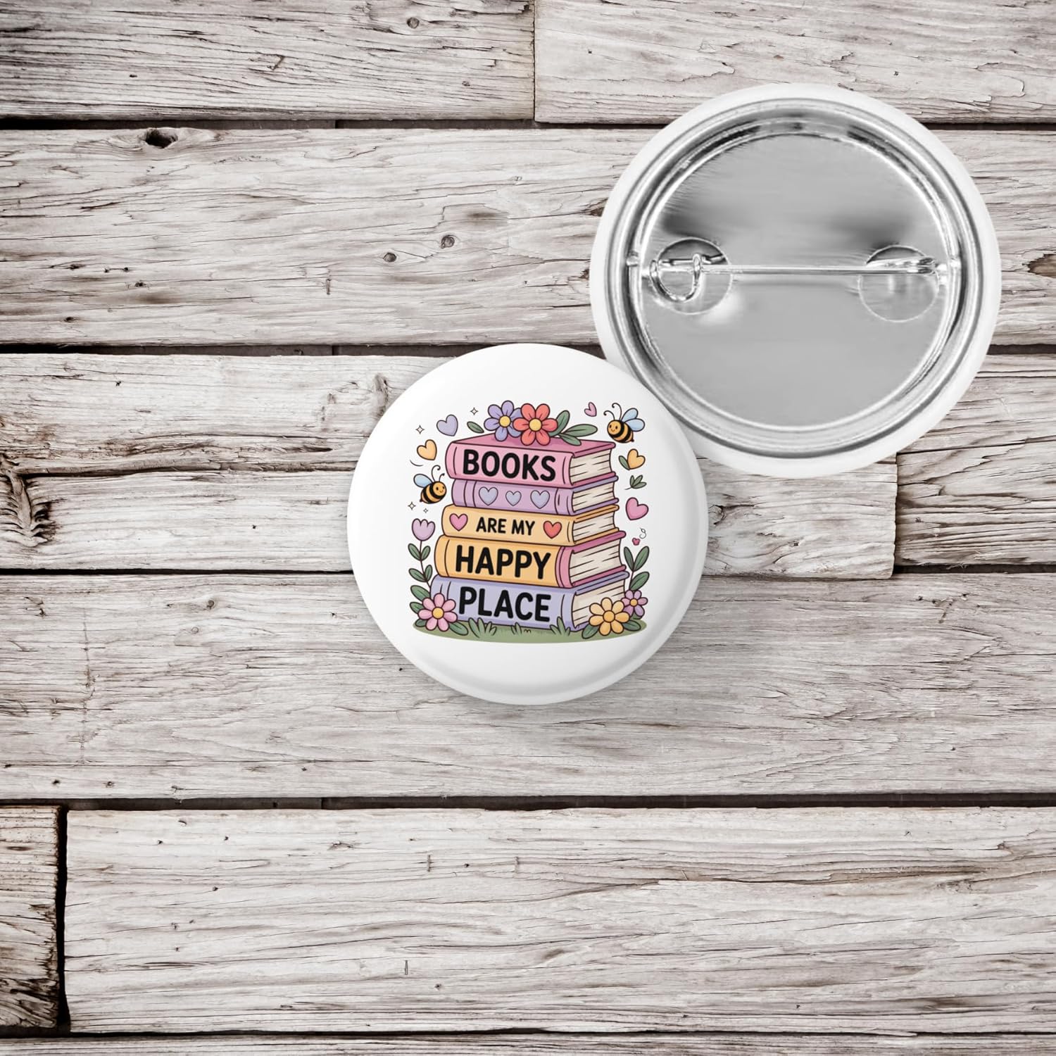 Books Are My Happy Place Pin Button – Cute Book Lover Badge with Flowers – Reading Accessory for Readers, Bookworms, Bookish Gifts & Library Fans